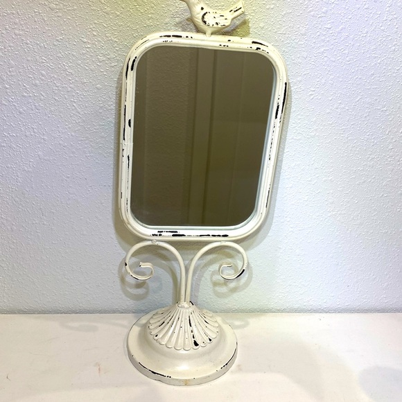 Dresser Vanity Table Top Mirror Shabby Chic Whited Painted Metal Cast Iron Bird - Picture 2 of 9